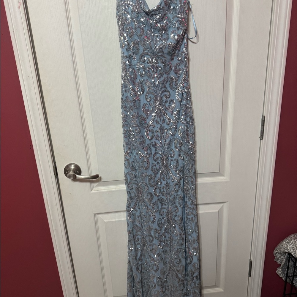 Windsor Light Blue Sequin Cowl Neck Prom Dress